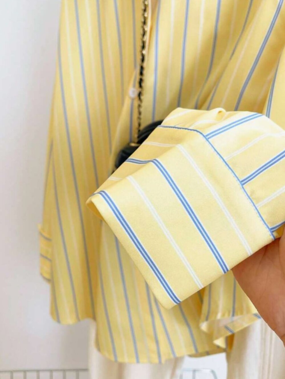 Women's Yellow Striped Button Up Shirt Long Sleeve Casual Oversized Blouse - Picture 4 of 4